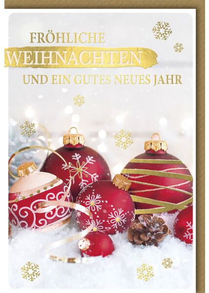 Weihnachtskarte schön Spruch Fröhliche Weihnachten und ein gutes neues Jahr Weihnachtskugeln im Schnee