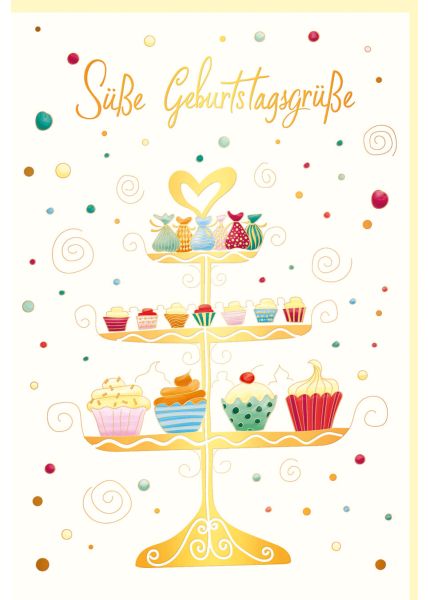 Glückwunschkarte Geburtstag Kuchenetagere mit Muffins, Naturkarton, mit Goldfolie und Blindprägung