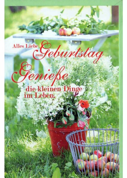 Geburtstagskarte Land Natur: Korb mit Äpfeln, roter Korb mit Blumen