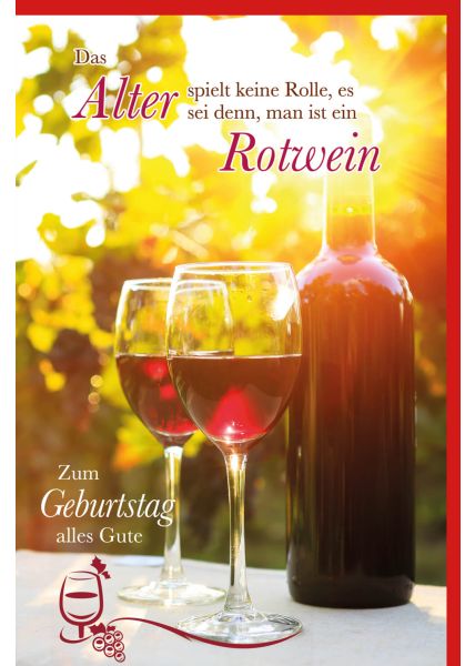 Glückwunschkarte Geburtstag Flasche Rotwein und zwei Weingläser in untergehender Sonne