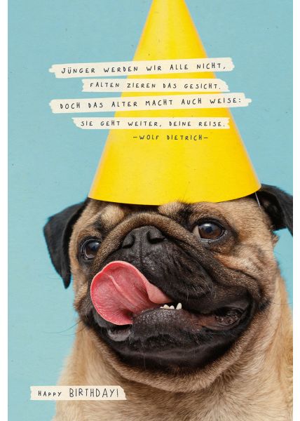 Postkarte Geburtstag Mops mit Partyhut, Zuckerrohrpapier