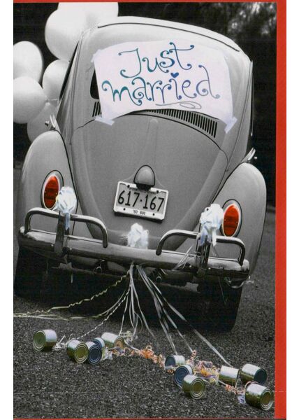Hochzeitskarte mit Auto und Blechdosen: Just married