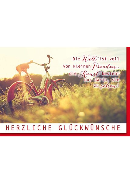 Glückwunschkarte: Rotes Fahrrad in Blumenwiese