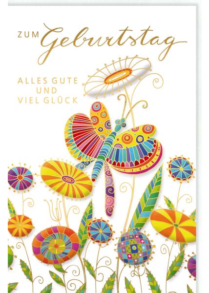 Glückwunschkarte Geburtstag Bunter Schmetterling auf bunten Blumen