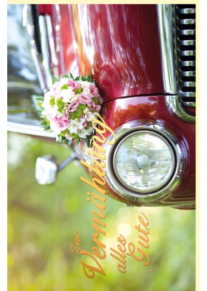 Hochzeitskarte Rotes Auto mit Blumenstrauß, mit Goldfolie