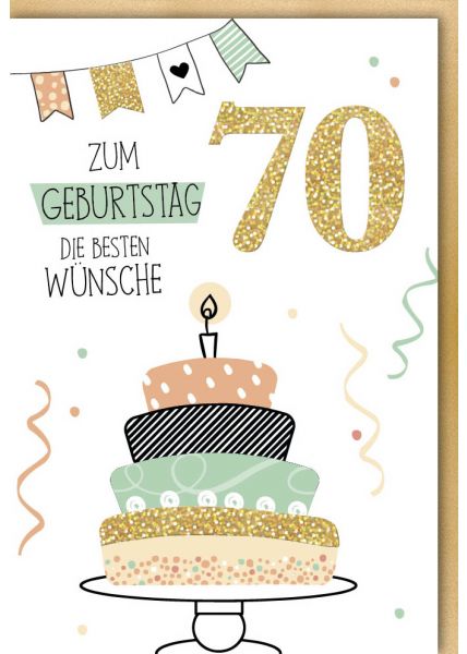 Geburtstagskarte 70 Geburtstag Torte mit einer Kerze Glitzerlack