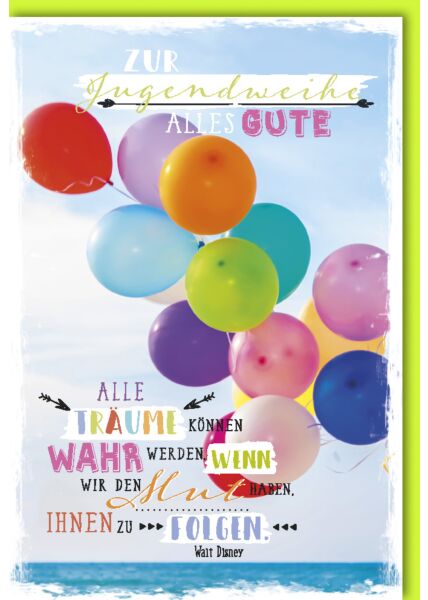 Glückwunschkarte Jugendweihe - bunte, fliegende Luftballons