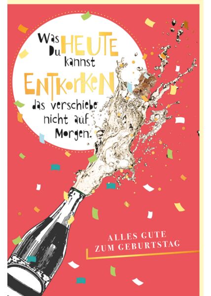 Geburtstagskarte Korken knallt aus Champagnerflasche, Naturkarton, mit Goldfolie