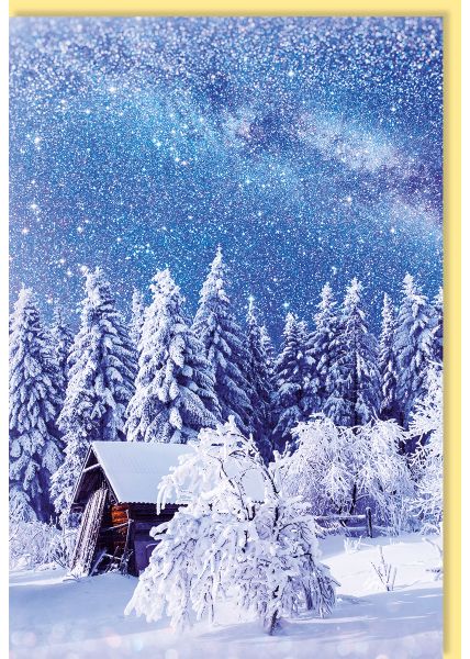 Fotokarte Winter Verschneiter Nadelwald mit Holzhäuschen