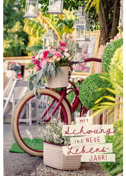 Postkarte Geburtstag Blumen, Fahrrad, Laternen, Zuckerrohrpapier
