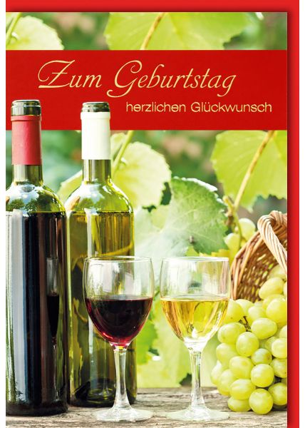 Geburtstagskarte mit Weinflaschen und Weingläsern im Weinberg - Folienprägung zum Geburtstag