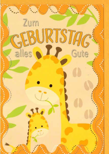 Kindergeburtstagskarte Kleine und große Giraffe, Blätter, Spuren