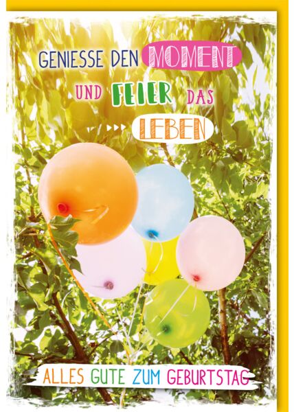 Geburtstagskarte Spruch bunte Luftballons im Baum