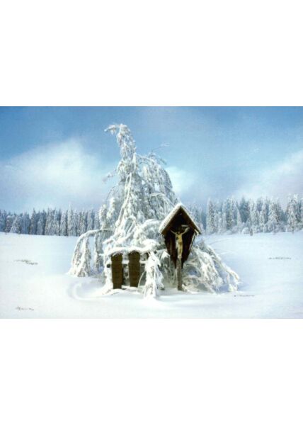 Weihnachtspostkarte Christusfigur Feldweg: winter