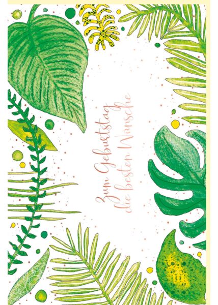 Geburtstagskarte hochwertig Flora Blätter, Naturkarton, mit rosègoldener Metallicfolie