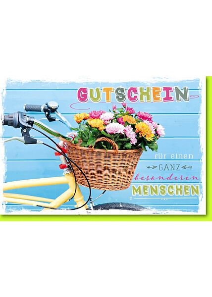 Gutscheinkarte Fahrrad mit Blumenkorb
