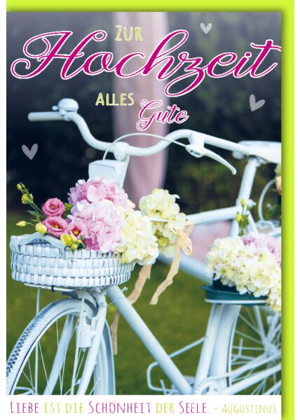 Glückwunschkarte Hochzeit Weißes Fahrrad mit Blumenkorb