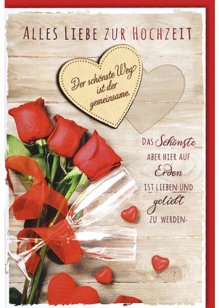 Hochzeitskarte Sektgläser an roten Rosen mit Holzherz