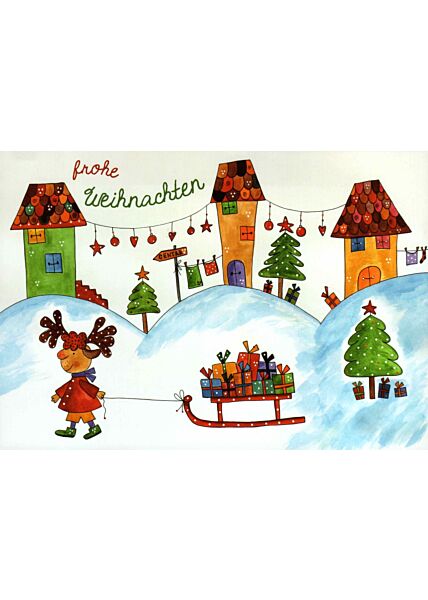 Postkarte Weihnachten Illustration 3 Häuser Schlitten