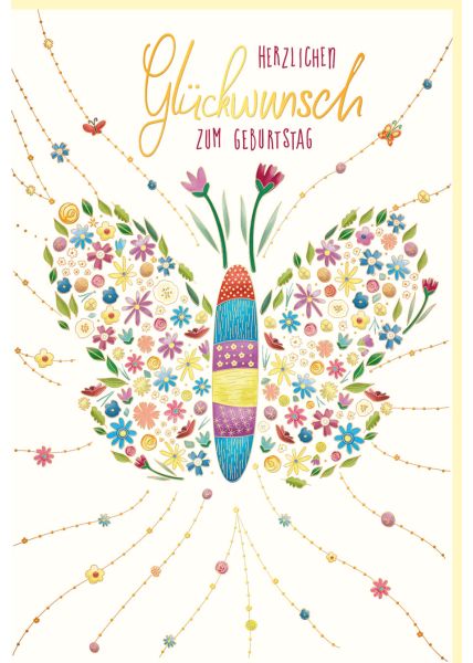 Glückwunschkarte Geburtstag Schmetterling aus Blüten und Blättern, Naturkarton, mit Goldfolie und Blindprägung