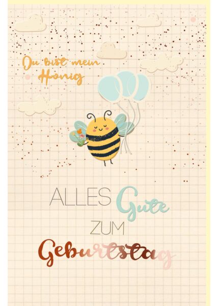 Geburtstagskarte Green Line Biene, Luftballons, Wolken, Zuckerrohrpapier