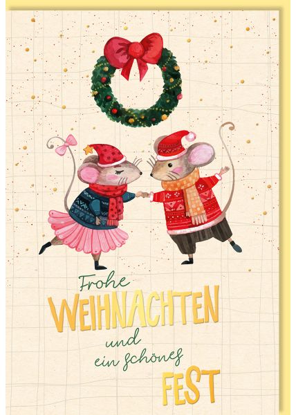 Weihnachtskarte Mäuse tanzen in Weihnachtskleidung, Kranz mit Schleife, Zuckerrohrpapier, mit Goldfolie
