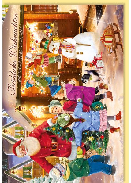 Weihnachtskarte nostalgisch Weihnachtsmarkt mit Kindern, Weihnachtsmann, Schneemann