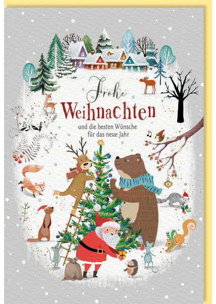 Weihnachtsgrußkarte Weihnachtsmann, Weihnachtsbaum, Tiere, Naturkarton