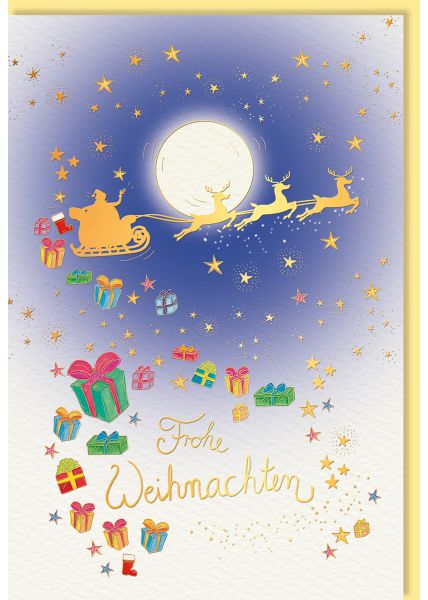 Weihnachtskarte Gechenke, Rentierschlitten, mit Goldfolie und Blindprägung, Naturkarton
