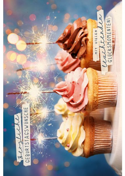 Postkarte Geburtstag Cupcakes mit brennenden Wunderkerzen, Zuckerrohrpapier