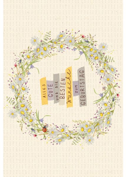 Postkarte Geburtstag Blätter- und Blütenkranz, Zuckerrohrpapier