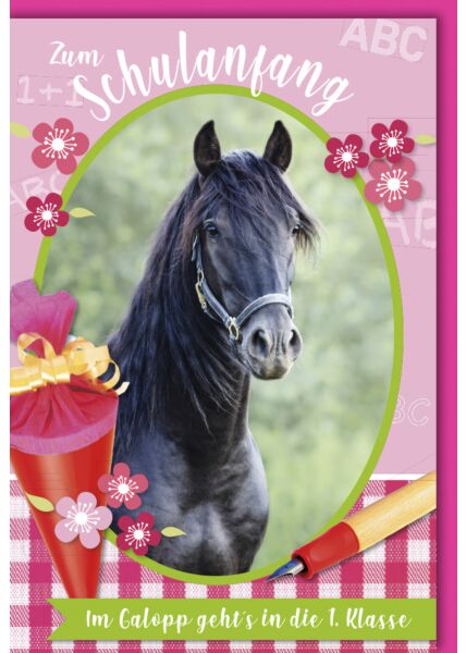Glückwunschkarte zur Einschulung Mädchen Pferdemotiv