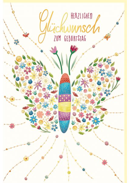 Glückwunschkarte Geburtstag Schmetterling aus Blüten und Blättern, Naturkarton, mit Goldfolie und Blindprägung