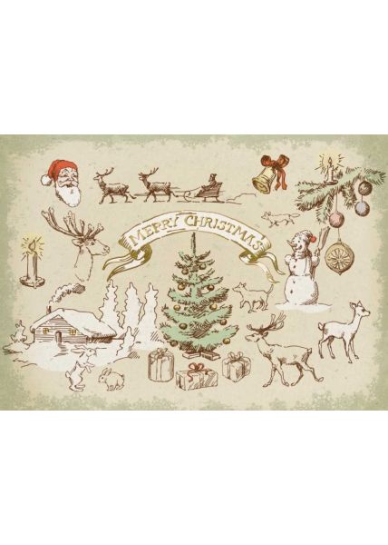 Weihnachtspostkarte retro Weihnachtssymbole natur: Merry Christmas