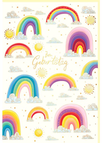 Glückwunschkarte Geburtstag Regenbögen, Wolken, Sonnen, Naturkarton, mit Goldfolie und Blindprägung