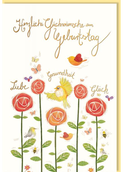Geburtstagskarte Spruch Liebe Gesundheut Glück Motiv Blumen, Vögel