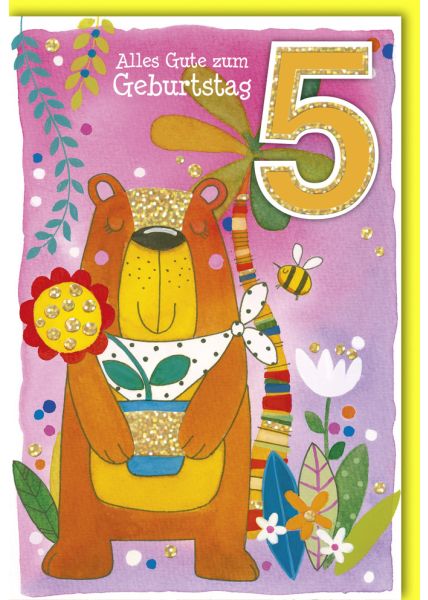 Geburtstagskarte für Kinder 5 Jahre Bär mit Hummel