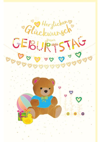 Geburtstagskarte "KIDS" Teddybär, Naturkarton, mit Goldfolie und Blindprägung