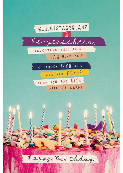 Postkarte Geburtstag Bunte, brennende Kerzen auf Torte, Zuckerrohrpapier
