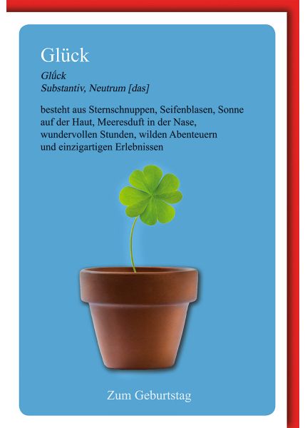 Glückwunschkarte Geburtstag mit Kleeblatt und Blumentopf für wundervolle Stunden und einzigartige Erlebnisse