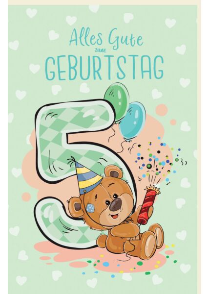 Geburtstagskarte 5 für KinderTeddybär mit Partyhut und Rakete, Luftballons