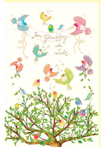 Glückwunschkarte Geburtstag Vögel singen auf Baum, Naturkarton, mit Goldfolie und Blindprägung