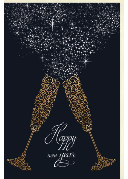 Neujahrskarte 2 illustrierte Sektgläser, mit Glimmer