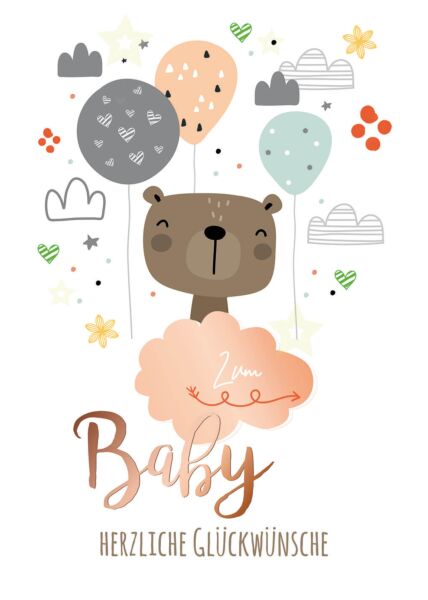 A4 Maxi Glückwunschkarte Geburt Luftballons, Wolken, Teddybär