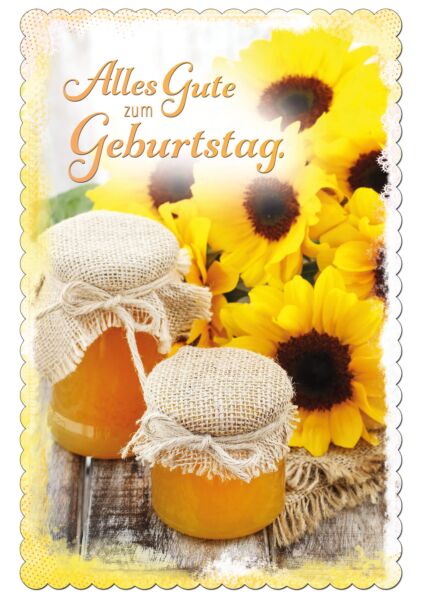 Geburtstagskarte: Sonnenblumen und Marmelade im Glas