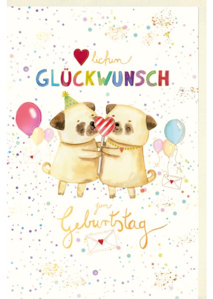 Kinder Geburtstagskarte Hunde, Luftballons, mit Goldfolie und Blindprägung, Naturkarton
