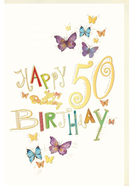 Geburtstagskarte 50 Jahre Schmetterlinge, Naturkarton, mit Goldfolie und Blindprägung