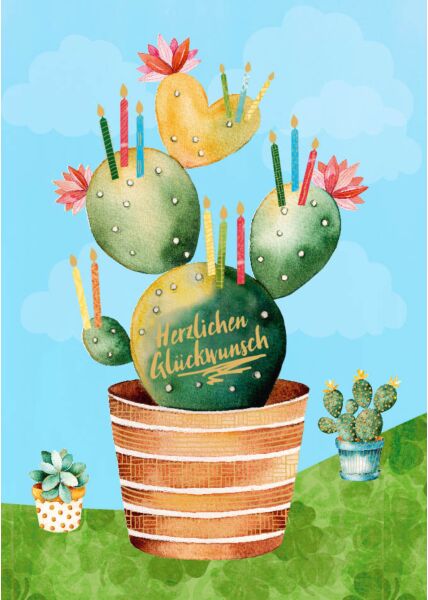 Geburtstagspostkarte Kaktus Kerzen Herzlichen Glückwunsch