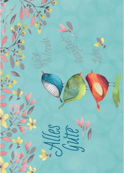 Postkarte Glückwunsch Alles Gute Blumen Folienprägung Vögel