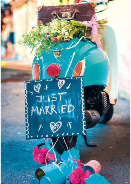 A4 Maxi Hochzeitskarte Motorroller mit Koffer, Blumen und Schild: Just Married
